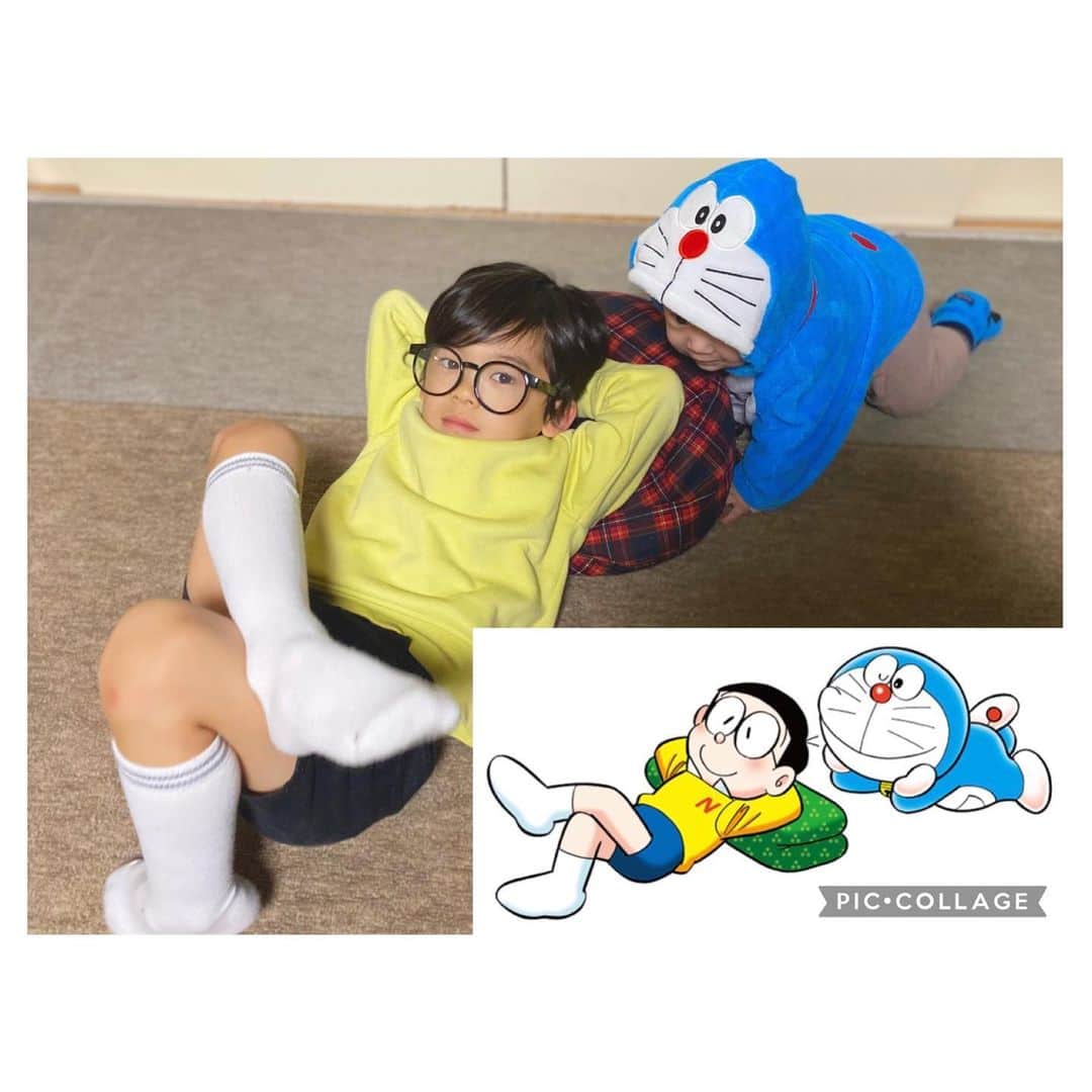 荒川れん子のインスタグラム：「Super late post #2🤣 My beloved nephews wore Doraemon and Nobita costumes for Halloween. They loved it😂😂😂 ハロウィンといえば、ボーイズ達はドラえもんとのび太になりました😆 下の子は解ってないだろうけど、お兄ちゃんは幼稚園で大人気だったらしく、好きな子に「またのび太になってきてね❤️」と言われたそうで超ご機嫌でした🤣🤣🤣 . . #japan #hokkaido #halloween #costume #doraemon #nobita #japaneseanime #japanesemanga #boy #kids #beloved #nefew #babyboy #kawaii #coordinate #latepost #日本 #北海道 #ハロウィン #仮装 #ドラえもん #のび太 #のび太コーデ #男の子  #男の子コーデ #遅ればせながら #おばばか #❤️」