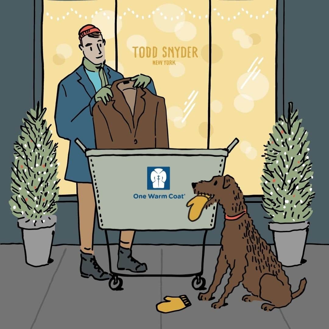トッドスナイダーのインスタグラム：「When you give...good things happen.   This season we are working with our friends at @onewarmcoat to #sharewarmth with individuals and families in need. Donate a gently worn coat at any TS location and you'll receive $50 off your purchase of $200+*. We have also made a $10,000 donation to help warm an additional 10,000 people this season. Tap the link in bio to find a store near you.  Illustration by @robwilsonwork   * Exclusions Apply. Discount not valid on Third Party Merchandise. Non-combinable with other offers. In-store only.」