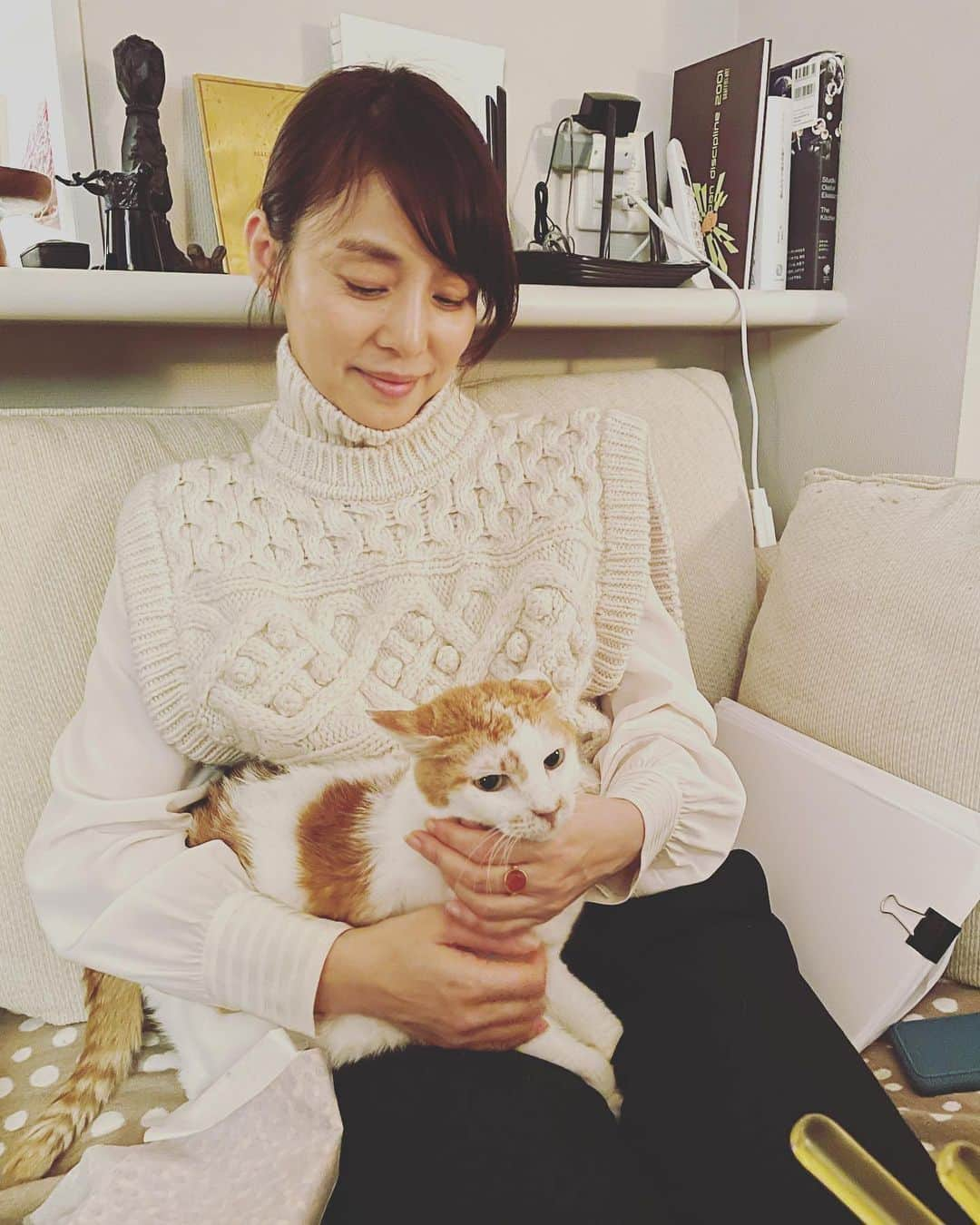 猫沢エミさんのインスタグラム写真 - (猫沢エミInstagram)「届いたばかりの、25日ライブでお客さまをお迎えするSEを聴きながら（クリスマスっぽい音源も散りばめられていて😍）忙しく準備を進める日。  ふと、作業の手を止めて、去年のクリスマスイヴイヴってなにしてたのだっけ？　と写真を引っ張り出してみたら、ゆり子さんがうちの子たちに会い来た日だった。  ヤァヤァ白い天使がやってきた。  イオちゃんはまだ病気が発覚する前の、最後の幸せな日々の中にいた。  筆舌に尽くしがたい2021年だった。私史上最も辛く、だからこそ見つけられた宝石のような矜持がたくさんあった。  一年も経てば、イオちゃんの影はいろんな意味で薄れるのだろうと思っていたら、とんでもない。すっかり我が家のスケスケガールとして、新しい生活スタイルが出来上がった。  ピガとユピも、まるでイオちゃんがまだ生きているような間合いで動いているし、私はこの一年で、すっかり死に対する観念の向こう側へ突き抜けてしまった。  Break on through to the other side Break on through to the other side Break on through to the other side,yeah  生きていることと死んでいることは、そう大差ない。  悟りって思ったより殺伐としてる。  を踏まえた上で、今猛烈な勢いで再び生の獣道を邁進中……なのかな。  イオちゃんが私の人生の中で、唯一、神とか宗教に近い存在になったことは間違いがない。  可愛い心の拠り所がいるって、悪くないね。  うん、悪くない。  #猫沢イオ　#イオちゃんフォーエバー」12月23日 15時38分 - necozawaemi