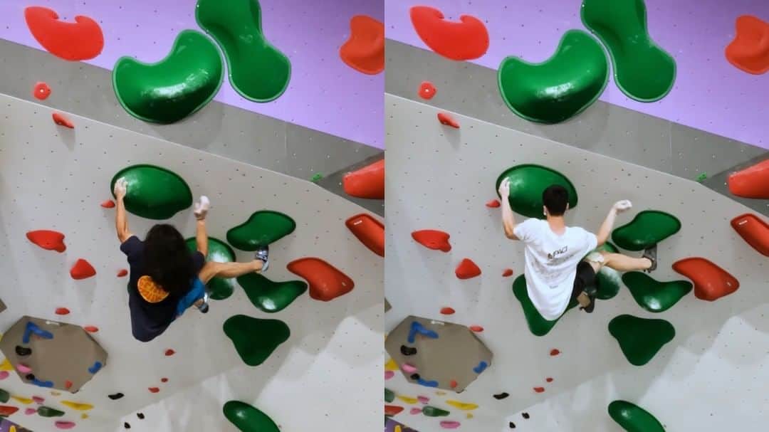 のインスタグラム：「Shot this during setting/forerunning, I think this is my favourite bloc from the opening set at @boulder_plus   Just a little side by side, showing different methods/styles. Route set by Alex, climbing on the right.   @heavy.japan  @fullcrimpmilk   #climbing #bouldering #climbing_videos_of_instagram #heavyjapan #sgboulderingbeta」