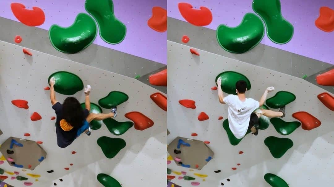 ハキム・カスバンのインスタグラム：「Shot this during setting/forerunning, I think this is my favourite bloc from the opening set at @boulder_plus   Just a little side by side, showing different methods/styles. Route set by Alex, climbing on the right.   @heavy.japan  @fullcrimpmilk   #climbing #bouldering #climbing_videos_of_instagram #heavyjapan #sgboulderingbeta」