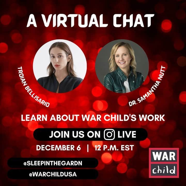 トローヤン・ベリサリオのインスタグラム：「Tune in tomorrow December 6 at 9 A.M. PST / 12 P.M. EST to my Instagram LIVE where I will be having a special Virtual Chat with @Warchildusa’s Founder, @drsamnutt!   You won't want to miss this — we'll be chatting about War Child's international work, its upcoming #AtHomeWithTheWorld virtual gala, the unfolding humanitarian crisis in #Afghanistan, and how you can help war-affected children and families.   To support #WarChild, register to watch their At Home With The World gala for free and make a donation here: warchildusa.org/gala (link in bio)」