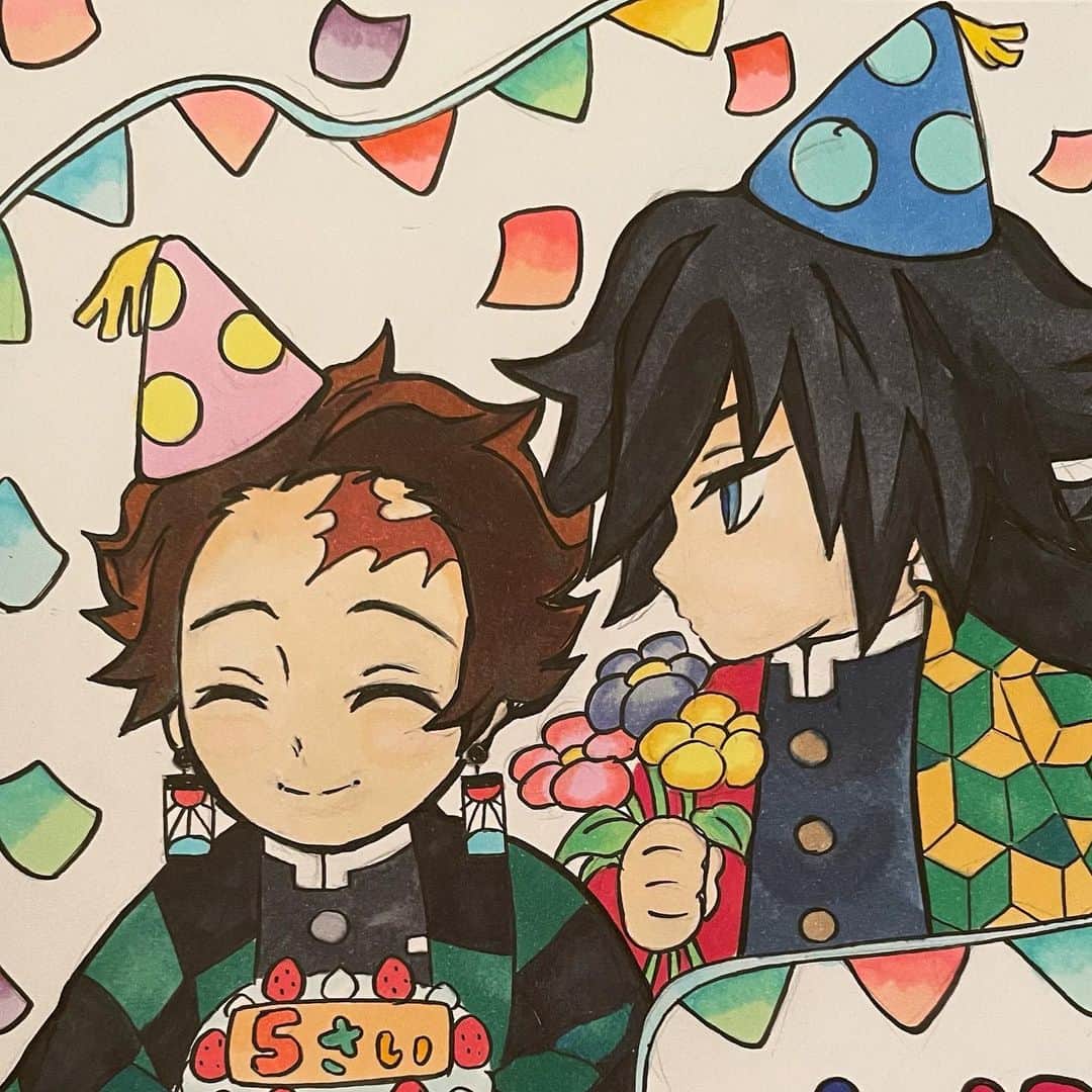 眞鍋かをりのインスタグラム：「おともだちのお誕生日会のために描いたバースデーカード  はじめて炭治郎くん描きました そして水柱は羽織が…大変ですね 天元さまはまだ描いたことないけどやっぱり昨日の放送みて卒倒しそうなくらいカッコ良かったので描いてみたいです」