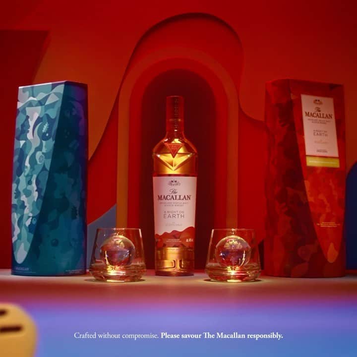 The Macallanのインスタグラム：「​The packaging of A Night on Earth in Scotland plays with red and blue hues, colours synonymous with our history, heritage, and home in Speyside, Scotland. ​ ​   Red represents fire, created by the coal traditionally gifted during the Scottish custom of first footing, as well as connotations of good fortune, success, and happiness. Blue signifies the night skies of Hogmanay and the blue from the national flag of Scotland, the Saltire.​ ​ ​   Artwork in collaboration with illustrator Erica Dorn @extraordinerica   Crafted without compromise. Please savour The Macallan responsibly. ​  ​#TheMacallanANightOnEarth #TheMacallan」