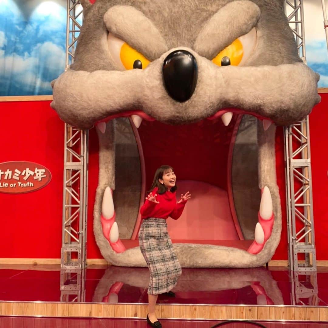 日比麻音子のインスタグラム：「オオカミ少年の金曜日！  今回のビッグニュースです。 「日比、人間になる！！」  真相はオンエアで確認してください🐺  口が開いてるのは珍しいオオカミちゃん！ なかなか迫力あるんです！笑  前回からお衣装も変わりました✨  #オオカミ少年 #金曜日 #TBS #日比麻音子」