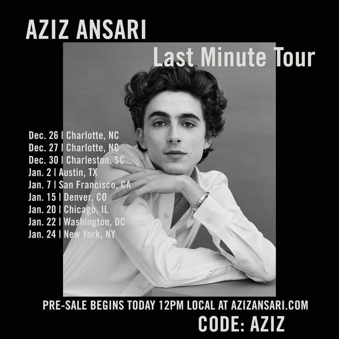 アジズ・アンサリのインスタグラム：「Last Minute Tour. Doing a few dates. Pre-sale starts today 12PM local at azizansari.com」