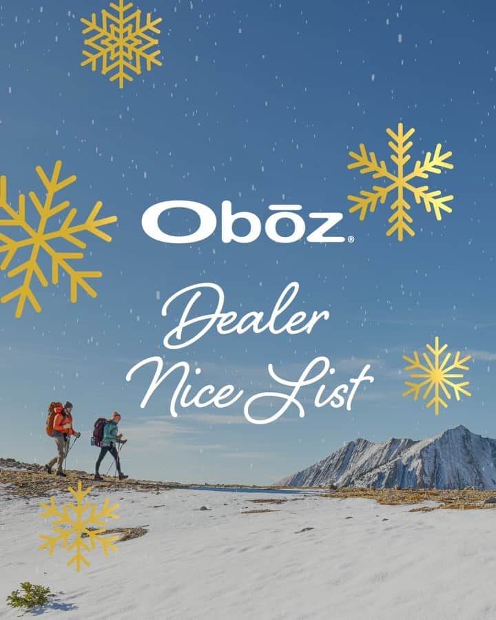 のインスタグラム：「📣 NOMINATE your favorite Oboz dealer for the Oboz Footwear Dealer Nice List before December 21! 🥾  Here’s how you can help your local store win $500 and a staff pizza party:  Fill out the nomination form with the name of your favorite store location (link in bio) by Tuesday, December 21.  On Wednesday, December 22, Oboz Footwear will announce the winner of the Dealer Nice List.🌟  Support your local outdoor retailer this holiday season and help them land a spot on the Dealer Nice List! 🌲  Details: one entry per email address, please. Enter before Tuesday, December 21 at 5pm MT. No purchase necessary. Giveaway is not affiliated with Instagram in any way. Entries will only be collected through submitting the online form on obozfootwear.com  #obozdealernicelist #truetothetrail」