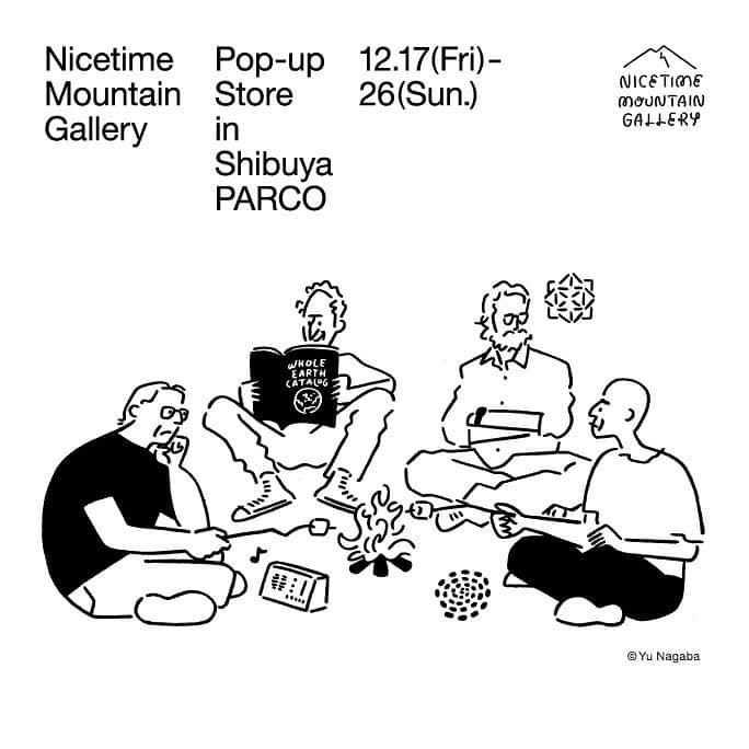 Yu Nagabaのインスタグラム：「幡ヶ谷にあるアウトドアセレクトショップ @nicetime.mountain とのコラボレーションプロダクト第二弾が本日から渋谷パルコとNicetimeのオンラインストアで発売開始されます🤗 今まで作ったことのなかったホットサンドメーカーやシェラカップもラインナップされています。キャンプ使用はもちろん、家使用のアイテムとしてもぜひ🔥 描かれているモチーフは、Nicetimeが影響を受けた人物がキャンプをする姿、森林火災防止キャンペーンのマスコットでアメリカではおなじみのスモーキー・ベア、Nicetimeがこれまた影響を受けたディーター・ラムスの言葉です。 渋谷パルコののポップアップストアでは今回のアートワークが大きく掲出されているそうなので、お近くにいらした際はぜひお立ち寄りください。  #nicetime #渋谷パルコ #kaerusensei #yunagaba #長場雄」