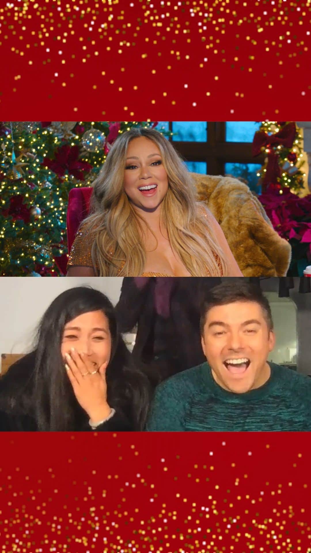 ユージン・リー・ヤンのインスタグラム：「Surprising Mariah Carey’s Biggest Fans 🦋 The Queen of Christmas @mariahcarey and I tricked two of my friends with the present of her presence! 🎄 #lambily #merrychristmas」