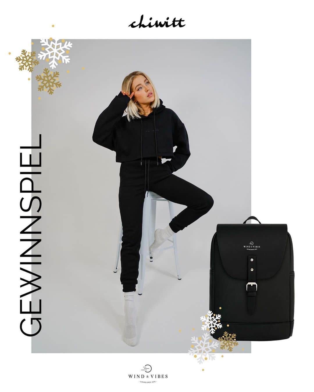 のインスタグラム：「✨ WIN WIN WIN ✨  Happy 4. Advent! 💫 Zusammen mit @windandvibes hast du die Chance, ein Lounge Set von @chiwitt_swim und einen Mayfair M in Schwarz zu gewinnen! 😍  SO NIMMST DU TEIL:  ✨ Folge @chiwitt_swim & @windandvibes ✨ Like diesen Beitrag ✨ Markiere eine/einen Freundin/Freund in den Kommentaren, die/der sich über den Gewinn freuen würde 🤩  Das Gewinnspiel geht 24 Stunden und endet am 21.12 um 10 Uhr. Der/Die Gewinner*in wird anschließend per DM benachrichtigt.  Viel Erfolg ❤️  Hier findest du unsere AGBs im Detail: https.//http://windandvibes.com/de/agb」
