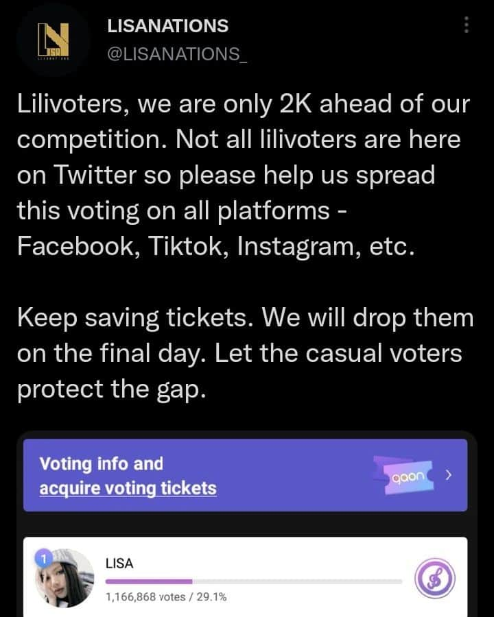 リサさんのインスタグラム写真 - (リサInstagram)「⚠️⚠️ PLEASE READ THE POST⚠️⚠️  I stop sharing any voting related post on my feed after MAMA since it really affect my account engagement so much. I'm trying to put it back to normal. But seeing lilievoters on twitter are the only active on making Lisa's win an award doesn't sit right to me. So please, if you have time create more accounts on mubeat and collect voting tickets. It's very easy to do please help us. Also if possible, create twitter account and follow @lisanations_ ,@lilieshome_ & @lisavotingteam for you to be always notified on what to do.   LET'S WIN THIS FOR LISA!!! 💕」1月18日 1時07分 - lisa.blackpink