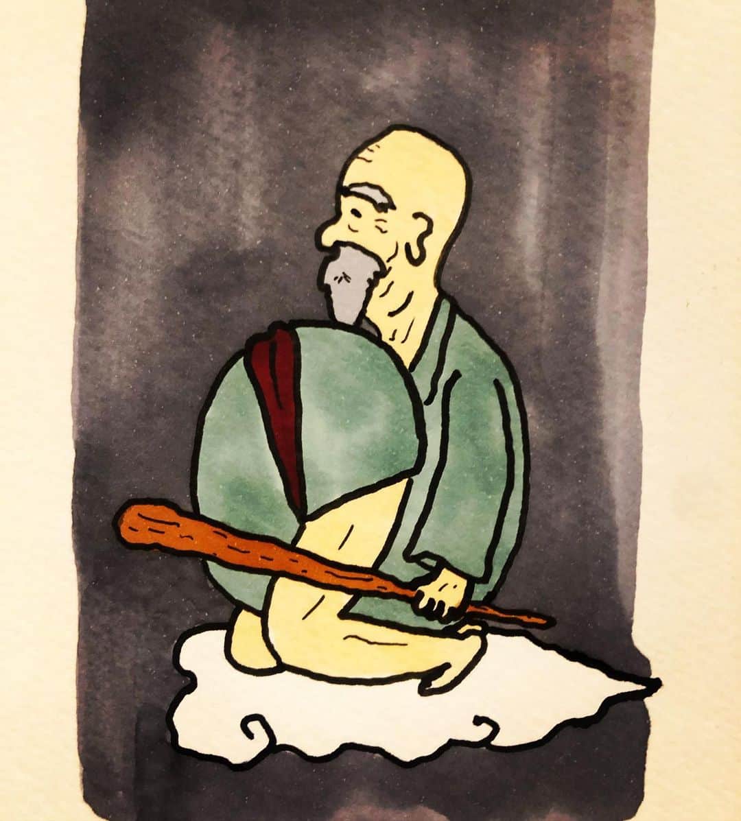 のインスタグラム：「【タロットカード21】  隠者。THE HERMIT。  忍者の事かなと思いきや、俗世から関係を絶ち生活する人の事らしい。 じゃあ仙人の絵。  仙人は不死と聞いたことがある。 じゃあ腰が曲がり過ぎて、逆に姿勢良くなった仙人。リアル不死。 簡単に言うと巻き付いた状態です。  #この後もう杖は捨てます #トイレ大変 #まだまだ巻きつく #当然巻き付いてる途中 #今の位置が良いだけ #一周100年 #50年後は真下 #また地獄 #大アルカナ #あと1枚」