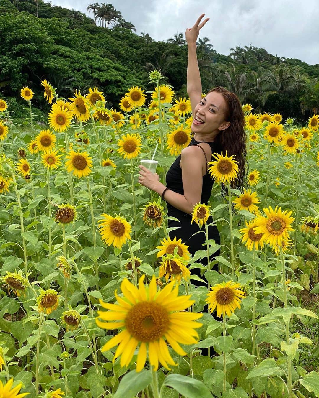 細井宏美のインスタグラム：「🌻☀️🌻☀️花よりジュース🌞💚 曇りでもすっごくテンション上がった！！ #ひまわり#ひまわり畑#flower#石垣島#ishigaki」