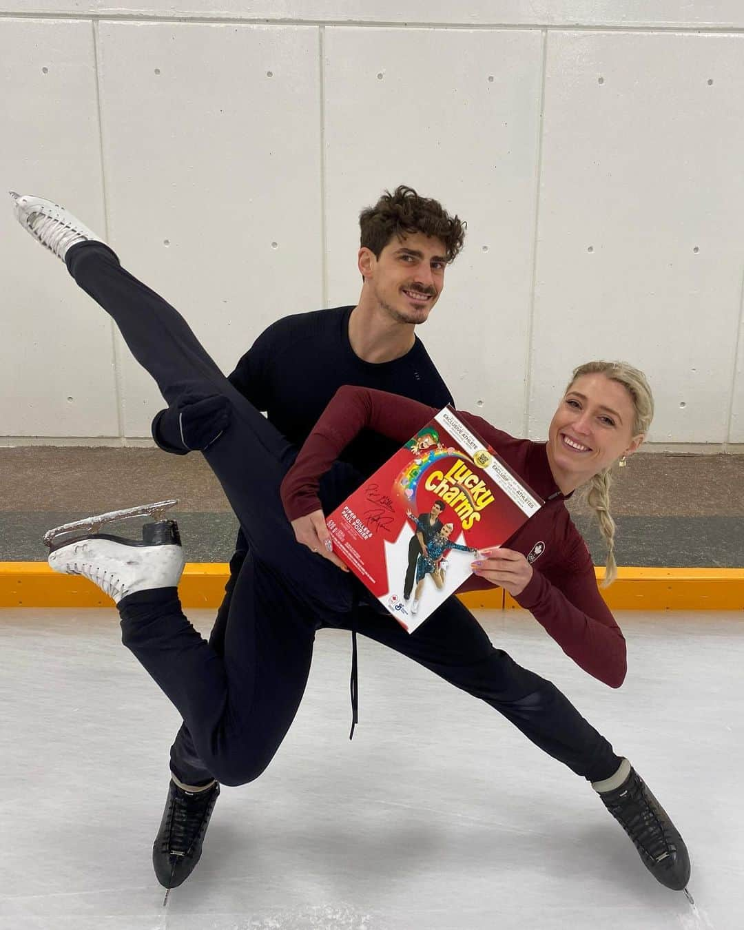 ポール・ポワリエのインスタグラム：「We’re happy to share this dance with Lucky Charms! Scan the code on the back of our box to send a message of cheer to us and to @TeamCanada while we compete at the Beijing 2022 Olympic Games! 💌🥰⛸️ #cheerwithcheerios」