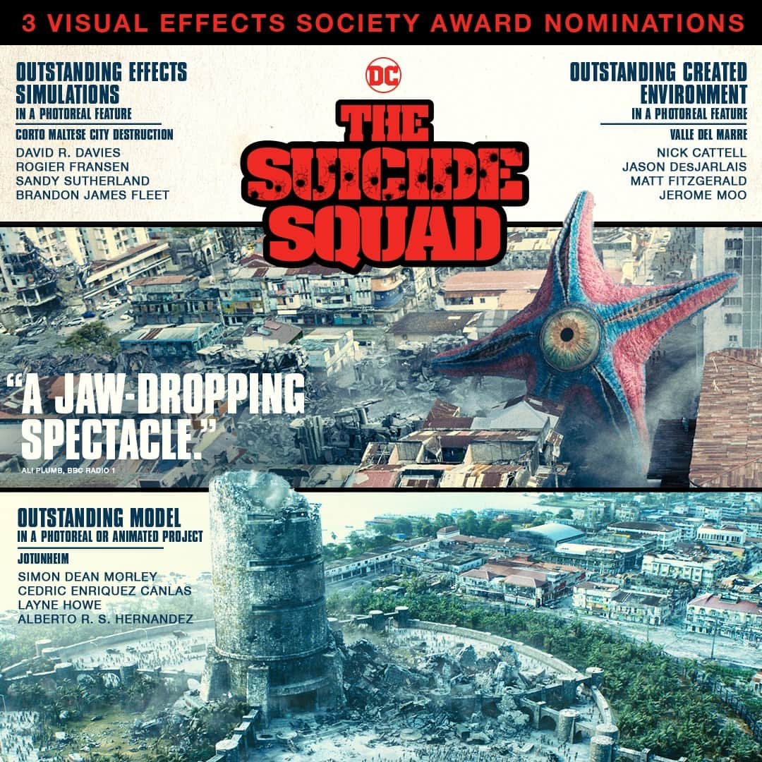 スーサイド・スクワッドのインスタグラム：「A huge round of applause goes out to the visual effects team of #TheSuicideSquad! Their outstanding work has earned 3 nominations for this year’s #VESAwards.」