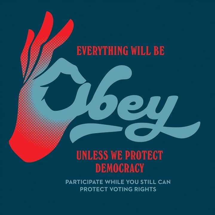 Shepard Faireyのインスタグラム：「Democracy is under serious threat.   The Voting Rights Act represents the strength of our nation and protects the foundation of the American way of life. I’m proud to stand up for voting rights for all eligible Americans. ⁠ ⁠ I urge the Senate to pass the John Lewis Voting Rights Advancement Act and Freedom to Vote Act to protect citizens from voter suppression. Pressure your senator and follow @representus to support their efforts on voting rights and campaign finance reform. The way things are going it will be harder for many to vote in the 2022 mid-terms, which is why it is essential to vote out those who undermine democracy and prefer autocracy. Vote while you still can! -Shepard」