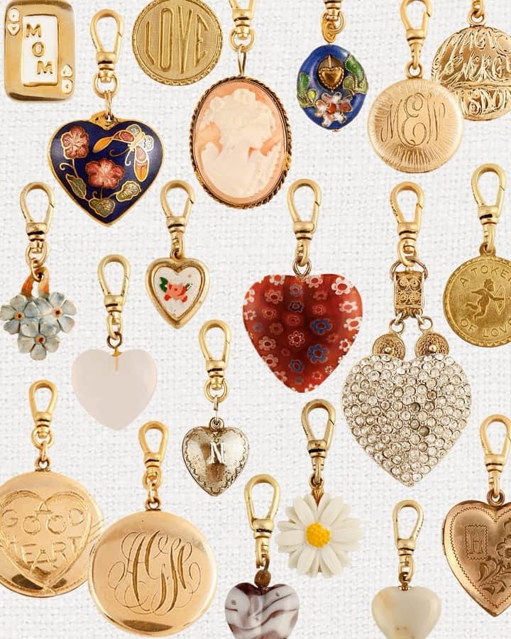 ルル フロストのインスタグラム：「I'm so excited for this extra large charm drop of Love, just in time for Valentine's Day. I've gathered over 60 special vintage & antique charms, like heart lockets, love tokens, goddess pieces and flower bunches that are the unique touch you're looking for.   Plus, I've created two hand-made signature engraved pieces on lovely Antique Victorian monogram lockets. A classic, reinvented in an even-more-special way. You can also give everlasting blooms to yourself or your loved one. Happy Shopping! With love, Lulu ❤️❤️ | link in bio.  #lfcharms #lulufrost #vintagehaul #vintage charms」