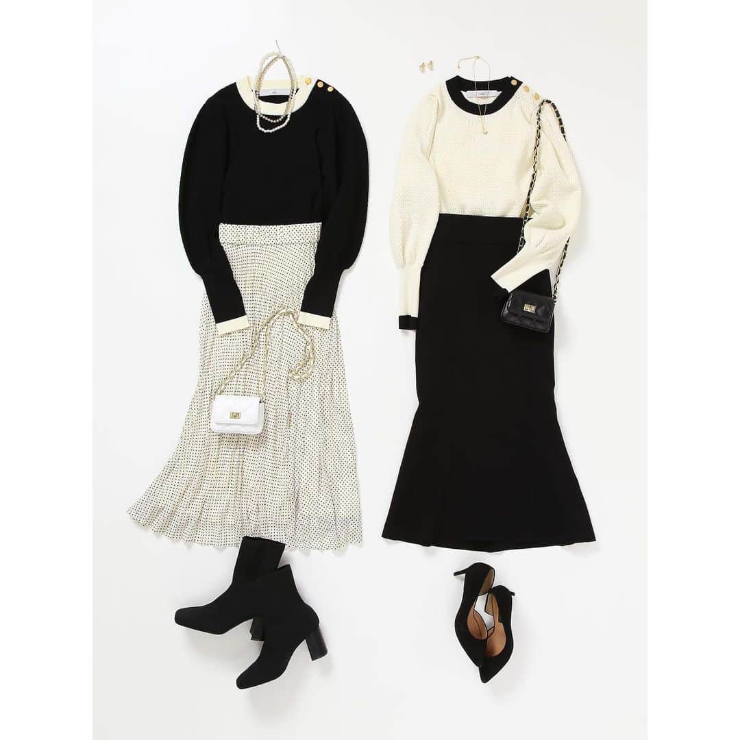 のインスタグラム：「♦︎ Jaunary monotone coordinate ♦︎  No.7  TIARA20周年を記念したアイテムのバイカラーニット双子コーディネート！  ポコポコと凹凸のある素材感と金ボタンが特別感のある一枚。  袖にボリュームがあり、身幅や丈はすっきりしているのでスカート合わせ◎です。  knit -¥19,800(tax in)  skirt(左) -¥26,400(tax in)  skirt(右) coming soon!  ・  #TIARA #ティアラ  #melrose #メルローズ  #冬コーデ #冬ファッション #春コーデ #春ファッション #大人ファッション #大人コーデ #大人カジュアル #カジュアルコーデ #きれいめ #きれいめコーデ #きれいめカジュアル #大人女子 #エレガントコーデ #クラシカルコーデ #30代ファッション #40代ファッション #50代ファッション #モノトーンコーデ」