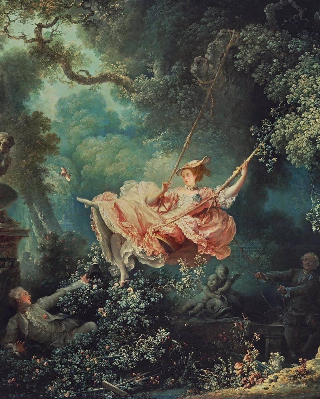 ベッキー・クルーエルのインスタグラム：「L'Escarpolette - ‘The Happy Accidents of The Swing’ - painted by Jean Honore Fragonard in 1767 🔎 Delighted by the frivolity and bemused by the eroticism, I had to leap inside the frame of this painting too...⁣ ⁣ 🩰 The Swing is one of the most famous and beloved paintings of the Rococo Era. Depicting a young woman in a billowing dress, she is pushed on the swing by one man behind her, and another below her peers from the bushes to glimpse underneath her dress. ⁣ ⁣ The story goes, that a courtier asked the French painter Gabriel Francois Doyen to capture his mistress in this compromising scene, but refusing on the grounds of frivolity, the commission was then passed on to Fragonard instead, resulting in his most famous piece of work 🎀⁣ ⁣ 🤔 Now tell me - which famous Disney film features this painting too - and what key element of the composition do they purposefully remove? ⁣ ⁣ ⁣ ⁣ ⁣ ⁣ #marieantoinette #historicalcostuming #rococo #jeanhonorefragonard #rococoart #rococostyle #rococodress #frenchelegance #1700s #allabout18thcentury #photoshoppro #classicalpainting #ofwhimsicalmoments #wherefairiesdwell #18thcentury #18thcenturyfashion #marieantoinettestyle #18eme #painterly #likeapainting #fineartphoto #reallifepainting #thewallacecollection #arthistory #historyart #artandhistory #frenchart #chateauversailles #versailles #theswing」