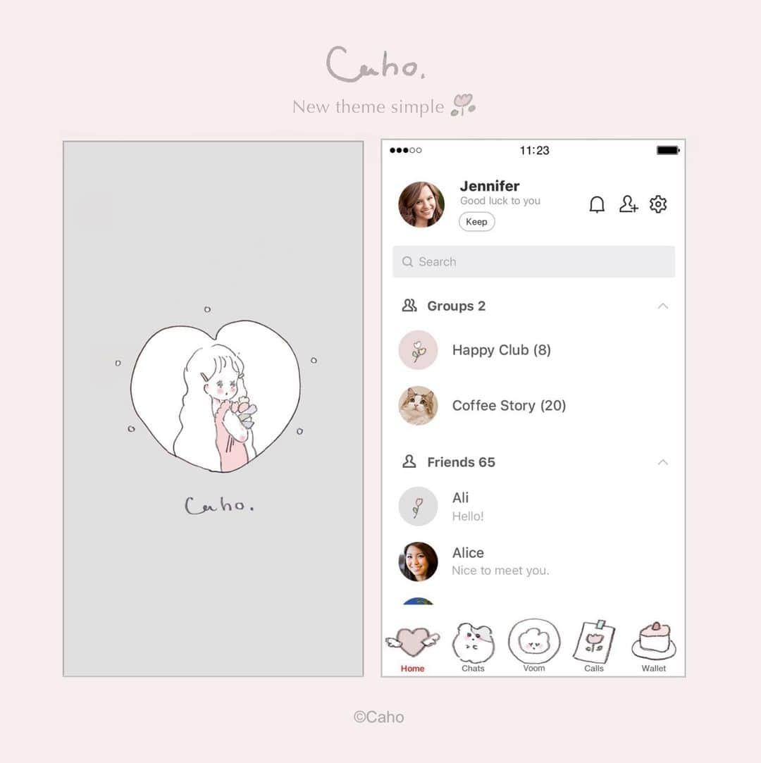 Cahoのインスタグラム：「🤍おしらせ🍨  ずっと作りたかった くすみピンク×グレーの組み合わせのLINEきせかえが 無事に完成しました〜〜🤍  大人っぽくシンプルな感じ🤍 新キャラハムもポイントです🐹  よかったら使ってね〜〜🎂　 Cahoで検索してください♡  #illustration #illustrator #illumination  #lineきせかえ #linetheme #line  #イラスト#イラストレーター #いらすと #いらすとぐらむ #イラストレーター」