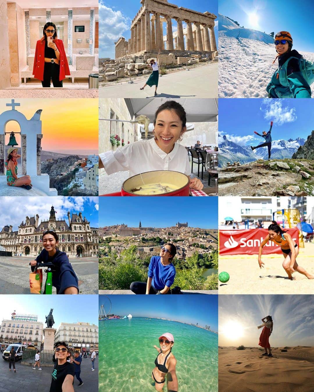 矢原里夏のインスタグラム：「Visited in 2021… 🇦🇪Dubai 🇪🇸Santander,Madrid,Toledo 🇵🇹Nazaré 🇫🇷Paris 🇨🇭Genève 🇬🇷Santorini,Greece 🇫🇷Chamonix 🇮🇹Gran Paradiso 🇬🇧London…  Thank you 2021!! #ヤハラリカの地球さんぽ  #海外旅行 #trip #travelphotography #journey」