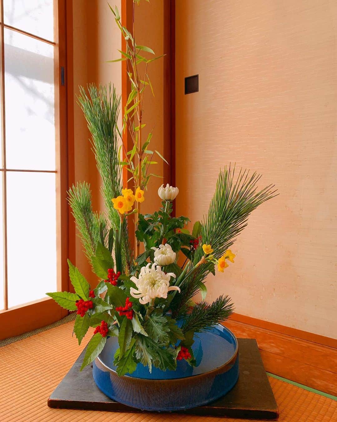 森崎友紀のインスタグラム：「お正月のお花をいけました。 この松を少しとっておせちのあしらいにしました^ ^ 千両が綺麗です。 良い年になりますように。  #森崎友紀#あけましておめでとうございます#お正月のお花#良い年になりますように」