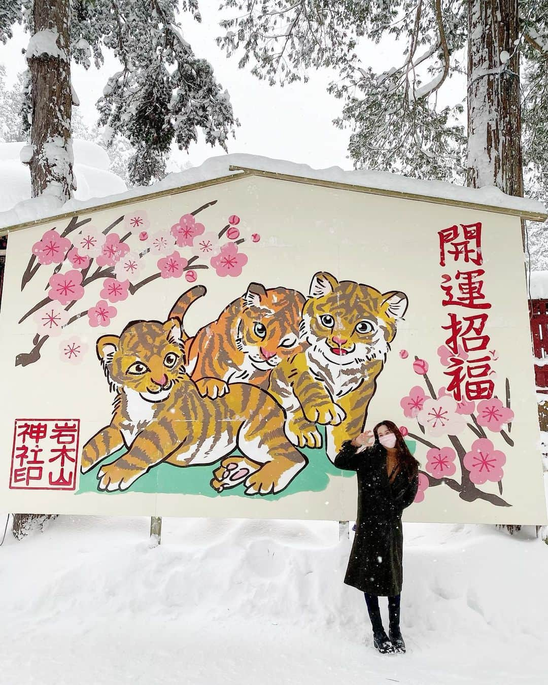 ときのインスタグラム：「新年から岩木山神社に初詣へ⛩✨  おみくじを引いたら、大吉でした😍👏  また、隣の求聞寺にも行きました❣️ ここは虎の一代様が祀られているので、年女として絶対に行きたかった場所だったので嬉しかったです😘  お友達と御守りも買ったので、今年もいい1年になりますように🙏💛  #あけましておめでとうございます #happynewyear #2022 #年女 #虎年 #初詣 #岩木山神社 #求聞寺」