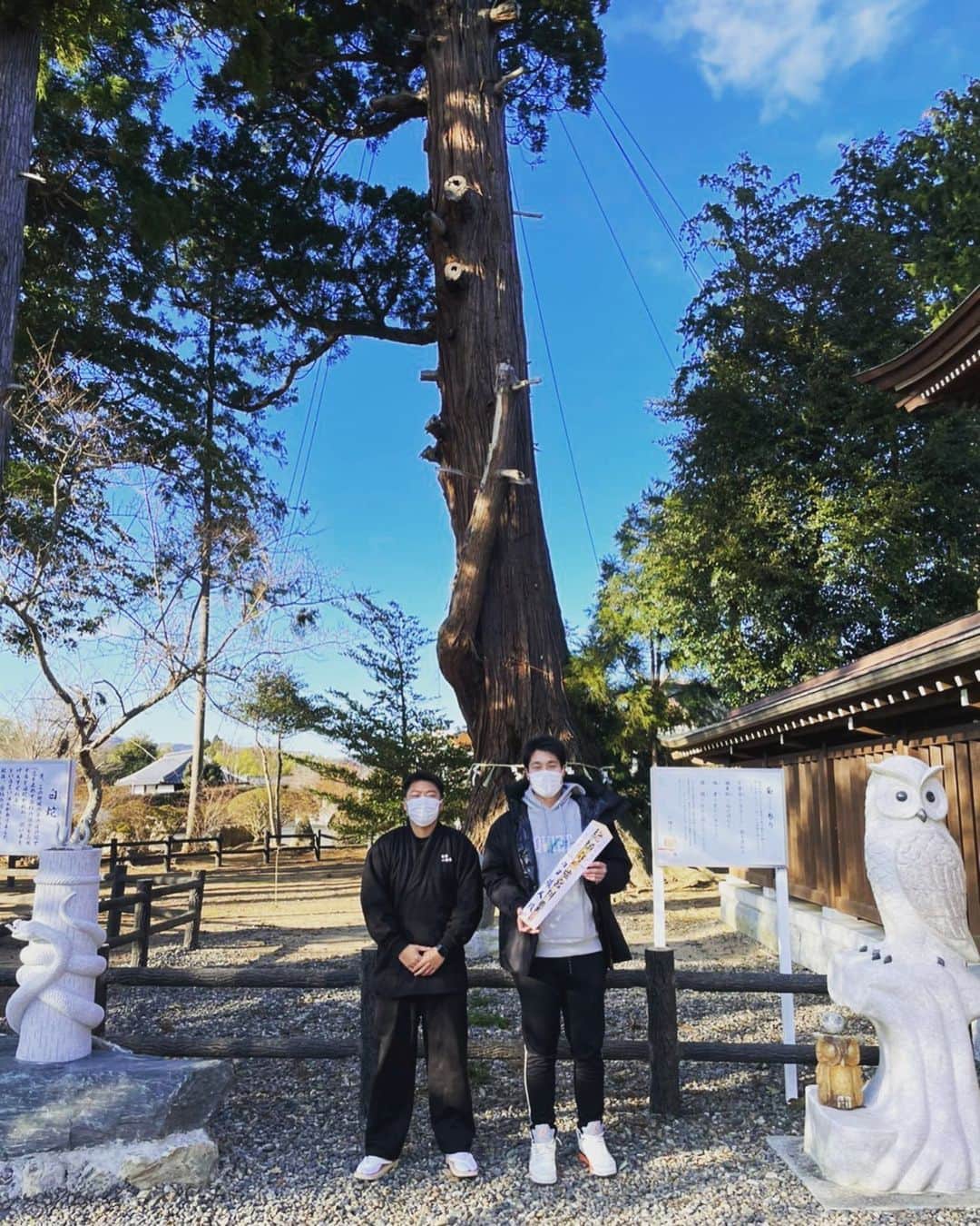 内田靖人のインスタグラム：「高校の同級生の実家の高萩八幡宮に行ってきました！ 後ろの大きい木は天然記念物の安良川の爺スギです！ デカすぎて写真に収まりきってませんでした。  #茨城 #高萩八幡宮 #安良川の爺スギ #国指定天然記念物」