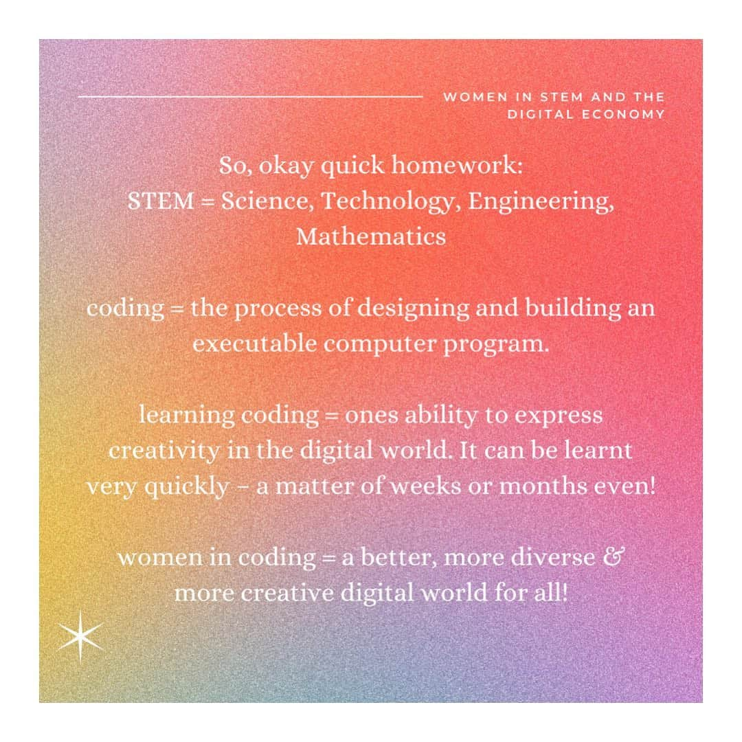 エマ・ワトソンさんのインスタグラム写真 - (エマ・ワトソンInstagram)「WOMEN IN STEM & THE DIGITAL ECONOMY - Good news ladies, the digital economy is a goldmine of opportunity (with higher paying salaries!), and it desperately wants more women to join force. Karlie Kloss @karliekloss is one powerhouse who recognizes this and has created the very successful Kode With Klossy Program @kodewithklossy 👩‍🔬💻🤍  But to further explain (and encourage!) why women should be involved in building the digital economy - here is some key information!」1月3日 8時57分 - emmawatson