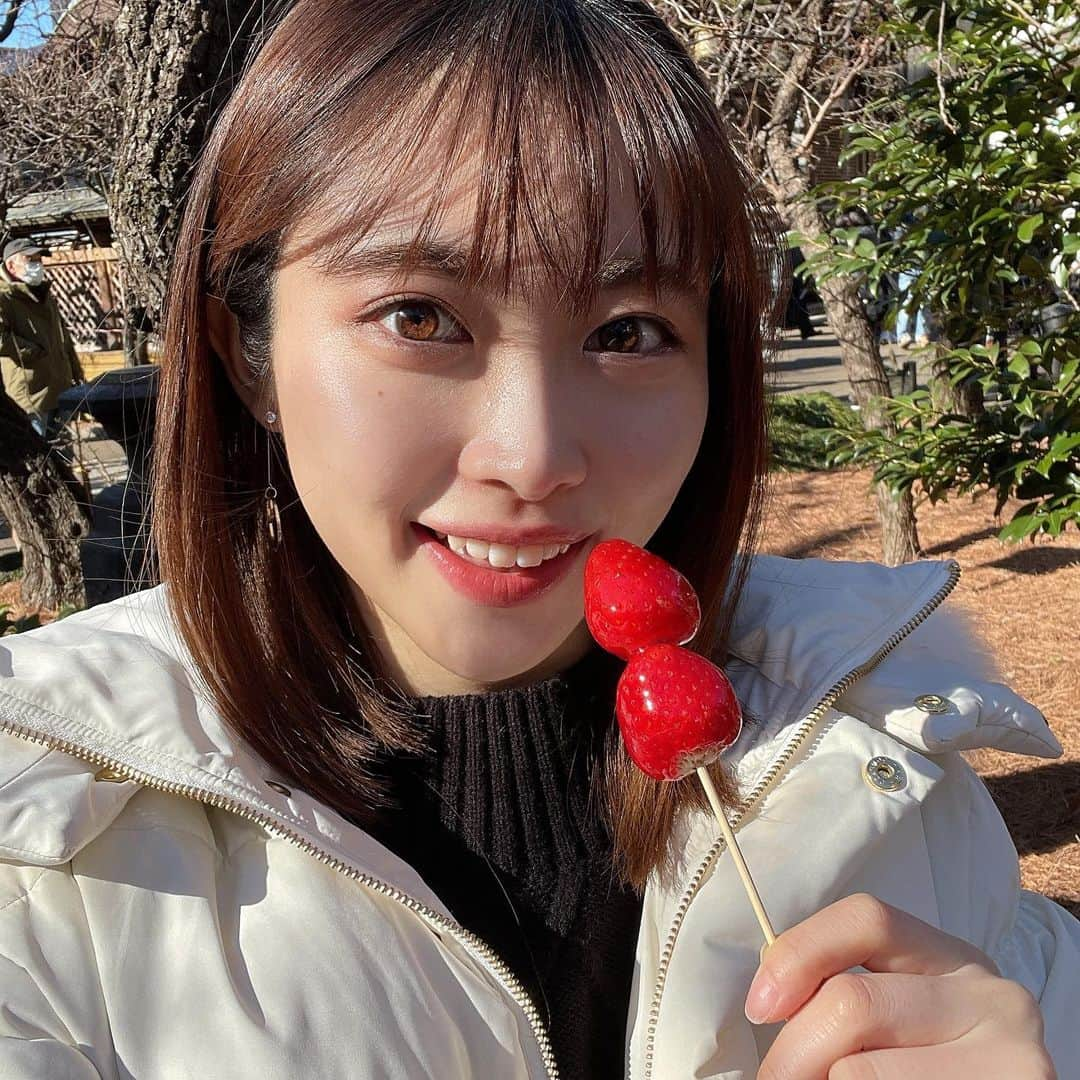 藤白りりのインスタグラム：「明けましておめでとうございます😌  今年も湯島天神に行ってきて、今年は自分の試験の合格もしっかり願ってきました〜⛩ (みんなも合格しますように！🌸)  おみくじは…秘密です！笑笑  いちご飴美味しかった🍓 #湯島天神 #初詣」