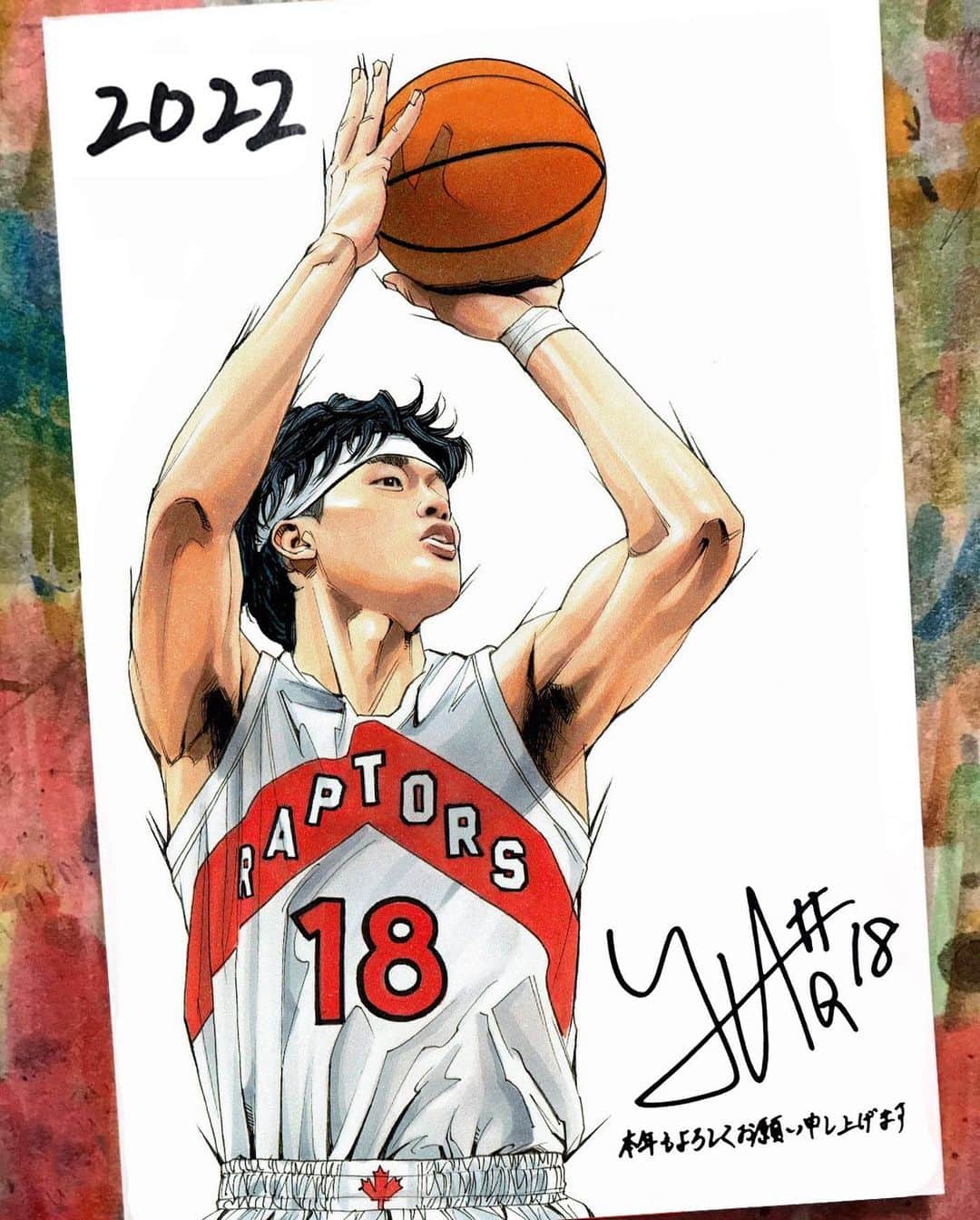 田村大のインスタグラム：「I drew an artwork for @yutawatanabe12 's New Year's card. This is the 4th time this year.  I sincerely wish him the best in the NBA!! ・ 今年も渡邊雄太さんの年賀状用アートを描かせて頂きました‼️」