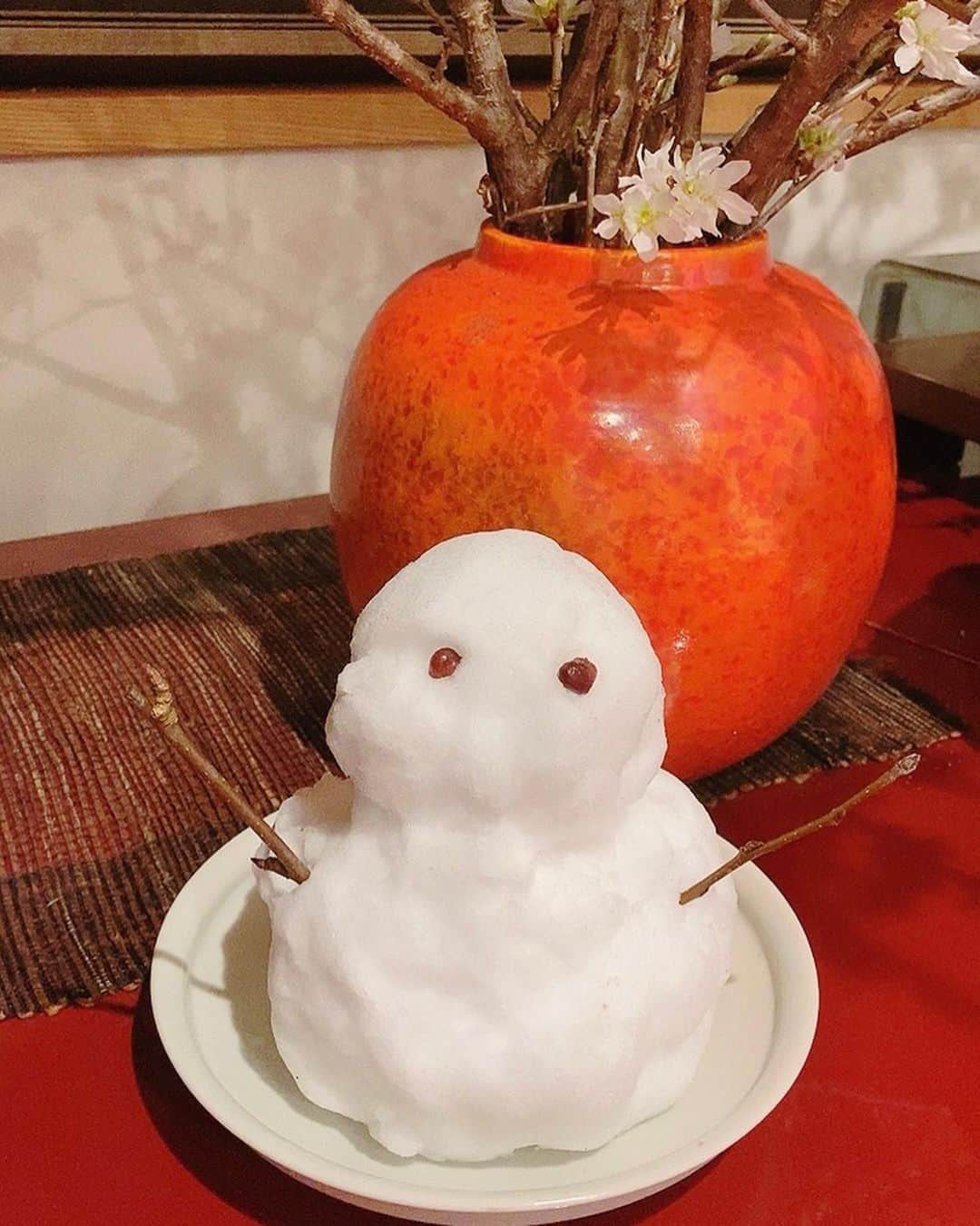 佐藤千晶のインスタグラム：「雪だるま⛄️🌸  東京にも雪が舞いました。 久しぶりの雪だるま作り。 まんまるの形が難しかった…！😂 　 手も足も冷たくなったけど 楽しかったな😊 （少しだけ外の様子見るつもりが 結局あそんでしまった…）  #雪だるま #目は小豆 #手は木の枝  #つっかけのまま雪遊びしちゃったよ😂」