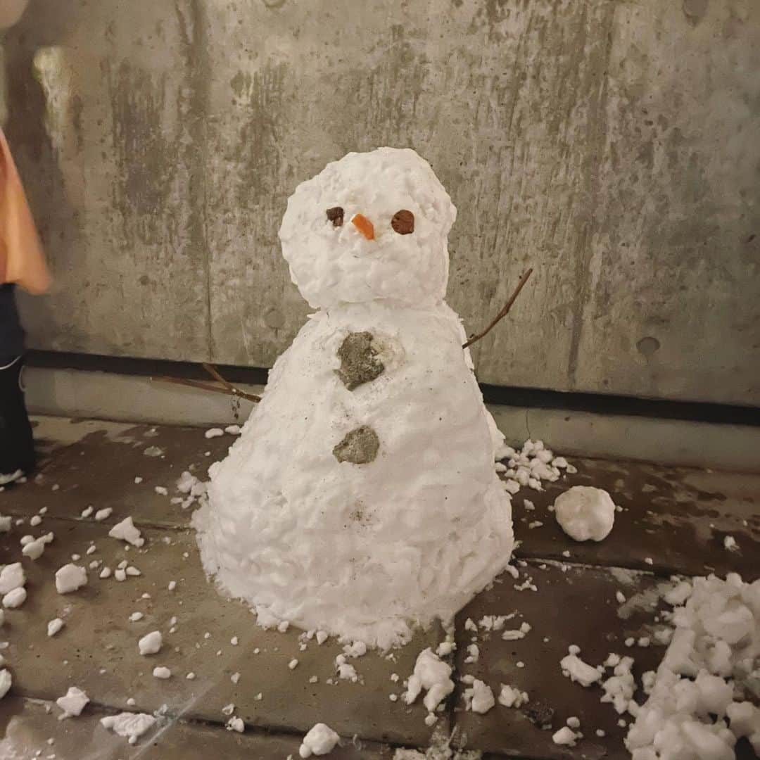 澤田泉美さんのインスタグラム写真 - (澤田泉美Instagram)「パパさんが、雪掻きしてくれている間に 子ども達と雪だるま作り⛄️❄️❄️❄️  白いマルが2つの時は良かったんだけど、 目とか手をつけ出すと次女が泣きだすという😂笑  あれだけアナ雪の歌をうたって嬉しそうだったのに🤣🤣🤣  雪だるまちゃんは、ムイカ（６日）と命名❣️ 手の部分は、夏に育てたトマ次郎の枯れ枝です👏  初雪のいい思い出❤️❤️❤️  #東京#雪#積もりました #❄️#snow #子どもと#作りました#雪だるま#⛄️ #楽しかった#❤️ #三児の母」1月6日 23時33分 - izumi.sawada