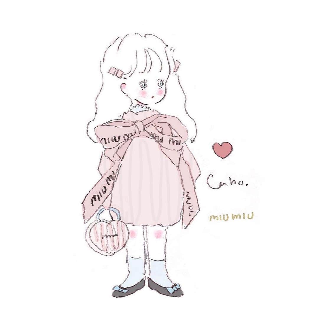 Cahoのインスタグラム：「かわいいブランドコーデ♡🌷  みんなのリクエストも描いたよ〜💗  #illust #illustrator #illustration  #drawing #painting #イラスト #イラストレーター #いらすと #イラストレーション#ブランド #コスメブランド #miumiu」