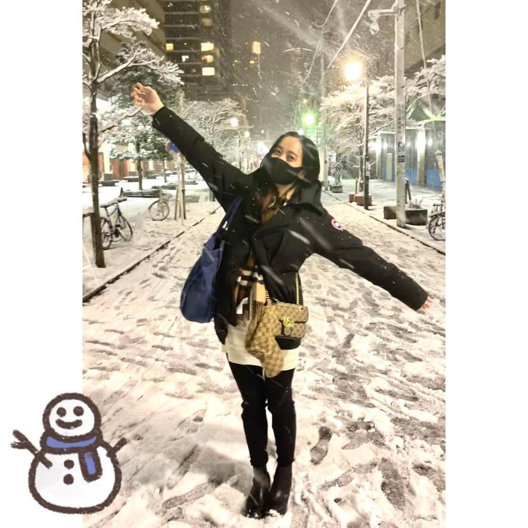 脊山麻理子のインスタグラム：「東京が雪国みたいになったあ☃️ 足元にお気をつけ下さい❄︎ #雪 #東京の雪 #雪合戦 #東京 #snow #雪の思い出 #凍結注意 #雪国 #猫はこたつで丸くなる #雪やこんこん」
