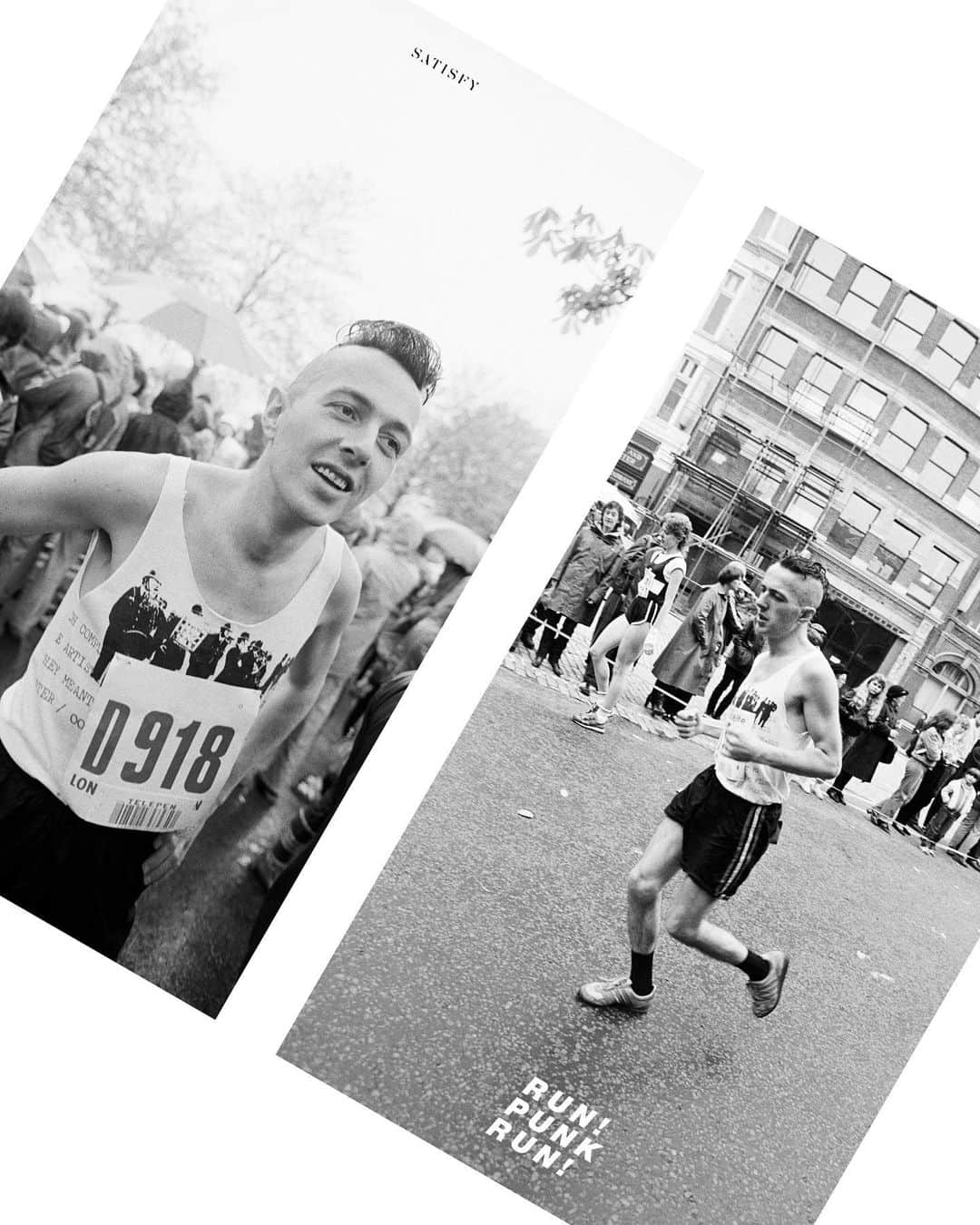 走るひとさんのインスタグラム写真 - (走るひとInstagram)「- 40年前、1981年のロンドンマラソンを皮切りに、合計3回のマラソン大会に出場したジョー・ストラマー。その後のパリマラソン、そして1983年のロンドンマラソンと破天荒な「準備」によって好走した出来事は、コアなマラソン好き音楽ファンの間では語り種になりました。 パリ発のSATISFYがJoeを引用したコレクションを2017年に発表したことで、さらにJoeとマラソンの関係性が知られることに。（SATISFYはそれ以降も、ロンドンマラソンの時期になる度Joeにちなんだリマインドを行っている）  写真は、 THE CLASHと書かれたノースリーブのランニングスタイルでギターを持つレアな一枚。撮影年不明。（走るひと4 / 2017）  2枚目はSATISFYが発表したコレクションのビジュアル。ロンドンマラソン1983に参加するJoe。（SATISFY / 2018） @satisfyrunning   #走るひと #hsrht」1月7日 20時01分 - hashiruhito.jp