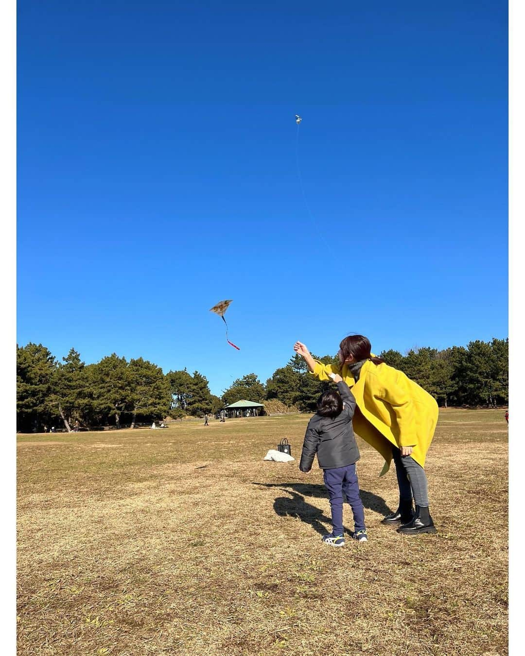 森麻季のインスタグラム：「🪁  3歳７ヶ月くん 難しい言葉があると、それって何？と聞いてくるので噛み砕いて説明するようにはしていますが、こちらも頭をフル回転  このお正月も、色々とはじめてのことを説明したなぁ  最近の息子の疑問 『なんで　なかよしなのに　です、とか、ございます、っていうの？』 丁寧語だと違和感らしいです ほほぅ、これはなかなか説明が難しい　　  仲良しの先輩、主人のお友達、ご近所さん…確かにデス　マスつけるもんなぁ  #凧揚げ #お正月 #🎍#🪁 #3歳 #3歳7ヶ月 #男の子ママ #男の子 #第二子妊娠中 #臨月」