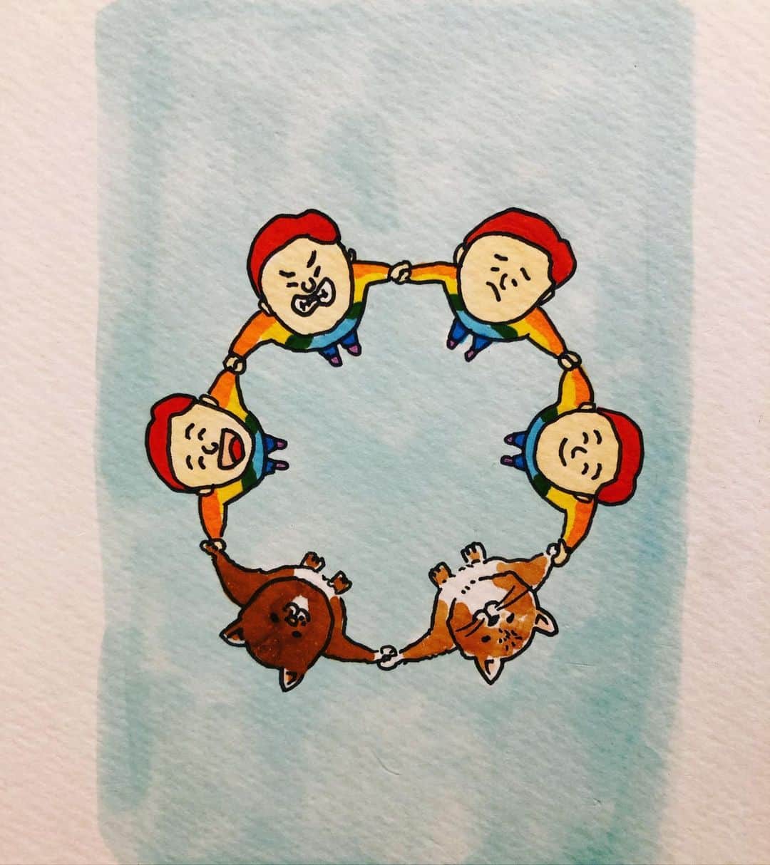 のインスタグラム：「【タロットカード19】  運命の輪。WHEEL of FORTUNE。  ここにきてどう描いていいかよくわからないカード。 輪なので手を繋ごう。動物も。代表的な犬と猫。 そして運命なので、人生と置き換える。人生は喜怒哀楽。全ての表情を入れる。  色どうしよう。 迷った時の虹。 虹色配色。  そんなこんなで。  #このカード本来の意味 #人生の喜びや怒り哀しみ楽しみを繰り返す変化の物語です #ほぼ合ってる #怖い #勝手な想像の絵 #ほんまに怖なってきた #大アルカナ #あと3枚」