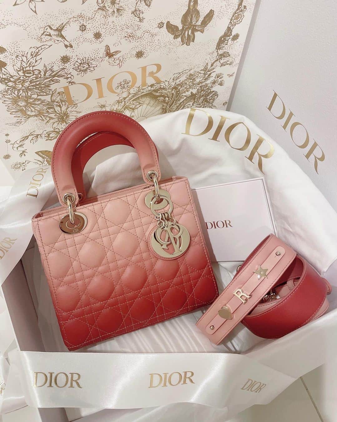 蘭子のインスタグラム：「𝐋𝐚𝐝𝐲 𝐃𝐢𝐨𝐫 ✧ マットなグラデーション✨ 見た瞬間強烈な一目惚れでした💓 このサイズは売り切れって言われて😭🤯ってなってたら、忘れ去られていた1つがありました！って出してくれました🤣 . 実物はもっと深みがあってセクシーな色💋 本当にかわいい🥰 . . . . . #dior#ladydior#ladydiorbag#レディーディオール#ディオールバッグ#購入品紹介#ピンク大好き」