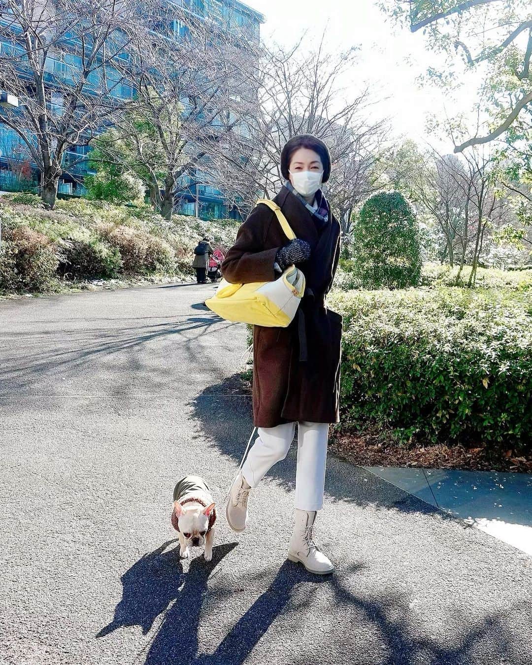 川原亜矢子のインスタグラム：「Doesn’t she like walky time in WINTER ? #walk #dog #french bulldog #puppy #散歩 #犬 #冬#フレンチブルドッグ #フレブル」