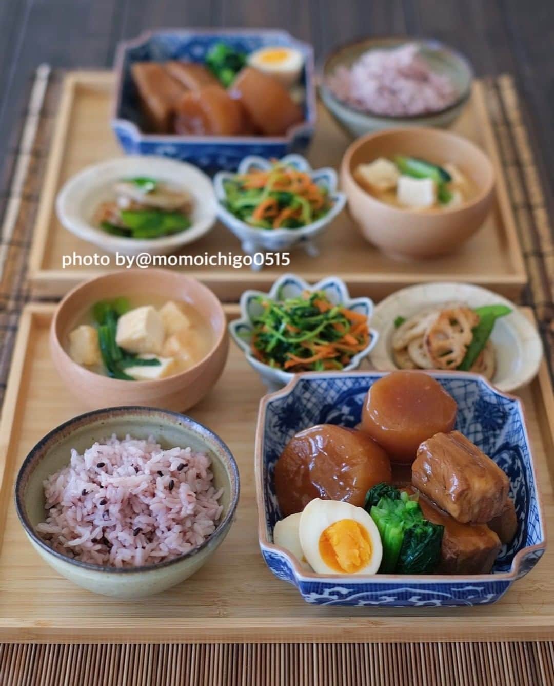 YASUKO TAKESUEのインスタグラム：「. こんばんは☺️💕. 今日の献立は…. . . ⭐️豚の角煮 ⭐️豆苗ナムル ⭐️蓮根と絹さやのソテー ⭐️厚揚げと小松菜のお味噌汁  . . .  #晩ごはん#晩御飯#晩ご飯#夜ごはん#よるごはん#夕食#おうちご飯#うちご飯#おうちご飯lover#おうちご飯記録#食卓#手料理#手作りご飯#料理写真#器好き#器集め#献立#家庭料理#food#foodpic#foodstagram#foodphotography#followme#instagood」