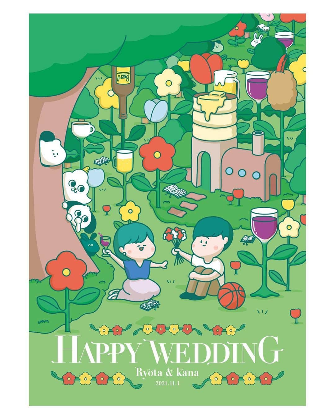 のインスタグラム：「友だちの結婚を祝して絵描きました💃 ⁡ ※前にマンガでも紹介した 「むくりんず」を描いてる あの友達夫婦です。 @muku_rins  ⁡ ⁡ 私含め4人とも武蔵美の同じ学科で 夫婦揃ってめちゃめちゃ仲良いということで、 頼まれてもないのに絵を描いちゃいました🦭 (けっこう前の出来事) ⁡ 夫さんが文字周りなどデザインしました！ ⁡ 背景描くのもいいなと思った1枚になったので記念にアップしまする！ ⁡ #おめでとう」
