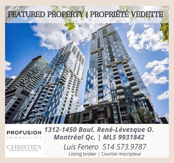 ルイス・フェネロのインスタグラム：「✨✨FEATURED PROPERTY | PROPRIÉTÉ VEDETTE✨✨  📍1312-1450 René-Lévesque, Montréal, Qc. (Ville-Marie)  🌅 Vues incroyables | Incredible views 🛏 2 🛁 1 💲809 000 $   MLS: 9931842  ☎️514 573.9787   •N'hésitez pas à me contacter pour organiser une visite.   •Please do not hesitate to contact me to organize a visit.  -FR- Splendide unité de coin dans la tour YUL du centre-ville offrant des vues incroyables sur la ville et un ensoleillement toute la journée grâce à sa fenestration abondante! À proximité des restaurants, des boutiques, des universités et des transports, ce condo a tout pour plaire aux plus exigeants.   -EN- Gorgeous corner unit in downtown YUL tower offering incredible city views and sunshine all day with its abundant windows! In close proximity to restaurants, boutiques, universities and transportation, this condo is sure to please anyone!」