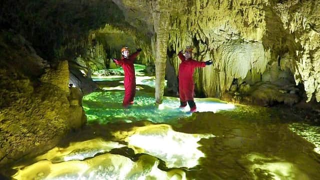 のインスタグラム：「ケイビングしてきました👍  沖永良部島はサンゴ礁が隆起してできた島で、島内の地底には大小約300程度の洞窟や鍾乳洞があると言われています。 🌊🐳🏖🐚🛣🌲🌱🕳🪨💧🌱🗻☁️☀️ 長い年月をかけて成長した乳白色に輝く鍾乳石を見てきました✨✨  狭い隙間を這ってくぐり抜けたり、穴に滑り込んだり、後ろから突き飛ばされたり、大人から子供まで楽しめますよ😚  #阪神タイガース #近本光司 #沖永良部自主トレ #沖永良部島 #ケイビング #サンゴ礁 #鍾乳洞 #鍾乳石 #探検隊 #リムストーン #めちゃ寒い #水温20℃ #こころのスタッフの皆さん またまた #この人寝てますよ  #近本photo #近本movie」