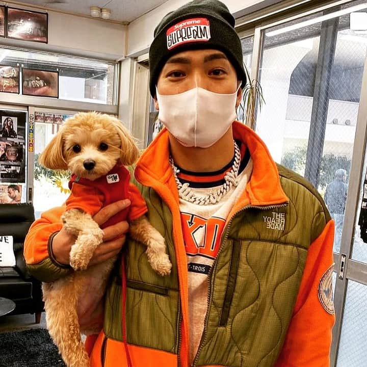 野替愁平のインスタグラム：「🧡🧡🧡  たまたまペアルック✨ With ma girl #rhythm 🐶  📸 @grillzjewelz_is_right」