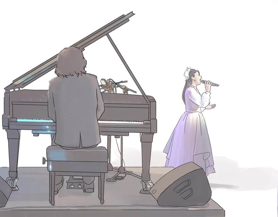 茅原実里のインスタグラム：「🌸  イラストライブレポート🚩  バンマスのケニーこと須藤賢一さんと、 2人っきりで唄った幸せな時間でした。  ケニーのピアノ。 大好きです！！  #茅原実里 #minorin #けすのいえさんありがとう😊」