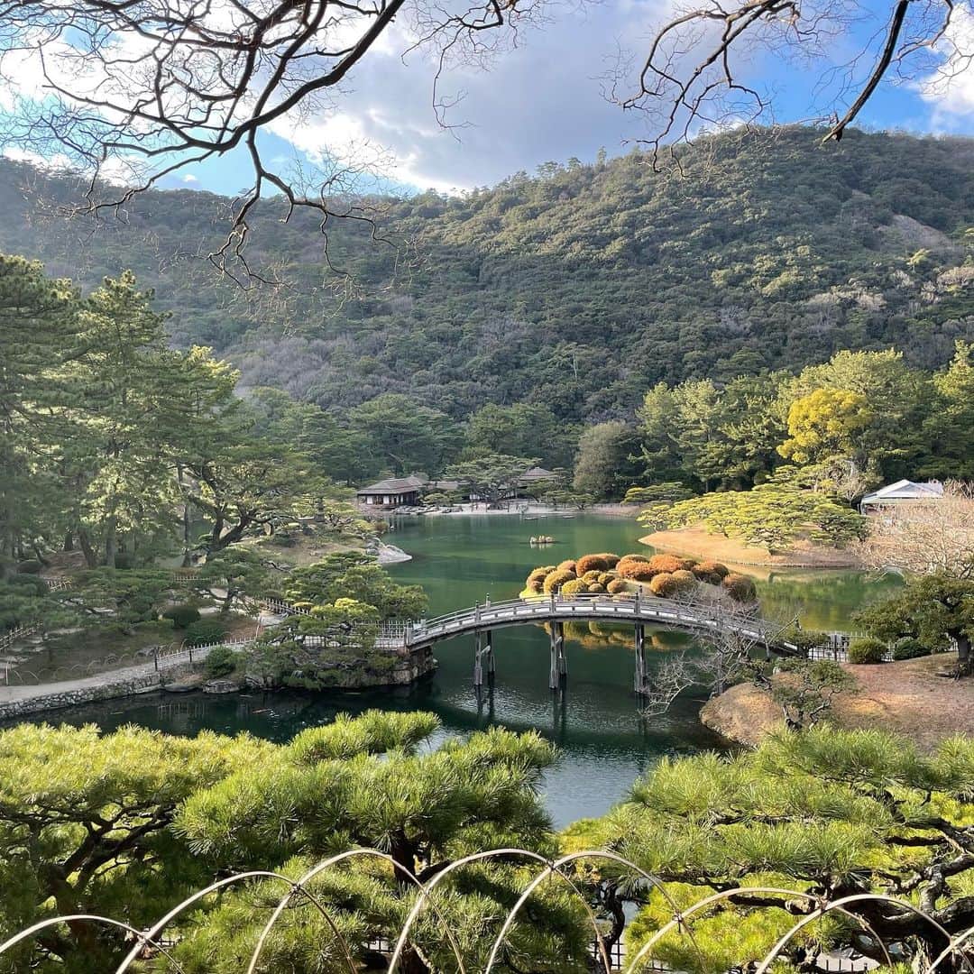 橘田いずみのインスタグラム：「Day9  #香川 #うどん県   #栗林公園 が美しかった✨🥰 そしてこんな綺麗な金色の鯉にも初めて会った。  神戸からフェリーに乗り込み帰国へ🚢遂に四国上陸！！  うどん県で、うどん巡りまくった2日間。  #麦蔵 が群を抜いて美味しかった♨️🤩  本当は直島とかに行きたかったんだかど、平日は美術館も何処も閉まってた🥲🥲🥲  事前の調べも大事だったな😂」