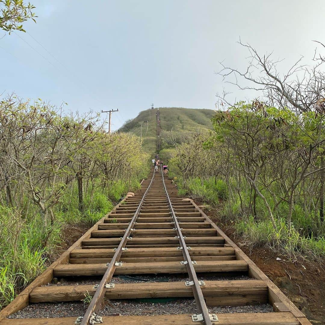 市原彩花さんのインスタグラム写真 - (市原彩花Instagram)「Koko head trail⛰🥾 I went to see the sunrise🌄 It was the hardest climb in Oahu😂  朝6時から日の出見るためにココヘッド登って来たよ⛰ オアフ島で1番ハードな登山だよ！って言われたけど、本当にめちゃくちゃキツかった😂 でも息切れしながら頂上から見た景色は最高に綺麗☺️✨ 帰りはモエナカフェでロコモコ😚(写真9.10) ハンバーグじゃなくて大きなステーキがゴロゴロ入ってて美味しかった😍  ⛰ココヘッド登山⛰ 1時間くらいのハイク🥾 暑いから日の出前から登るのがオススメ🌄 朝露で湿った木の階段を登るから、滑りにくい靴で！ マッチョな男性でも途中諦めてリタイヤする人もいるくらいハード。 水飲んだり階段に座ったり少し休憩しながら登りましょ🥺 私は日の出が見たいから、気合いで頑張った🤣🤣 マジきつかったからもう二度と登らないと思う🤣← でも体力ない私でも登れたから、みんなもチャレンジしてみて😁⛰  ※もうハワイに居ないので、ハワイの津波情報は分からないです。沿岸部の皆様お気をつけてお過ごしください！  #kokohead#kokoheadtrail#trail#ココヘッド#ココヘッドトレイル#登山#ハイキング#hiking#hawaii#ハワイ#hawaiilife#ハワイ観光#sunrise#日の出#japanesegirl#asianmodel#海外旅行#ハワイ旅行#海外旅行#旅行」1月16日 14時09分 - ayaka_ichihara