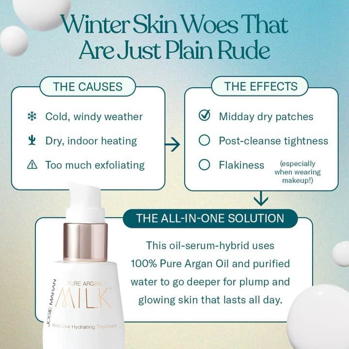 ジョジー・マランのインスタグラム：「Winter is all fun and games until your skin freaks out. ⛄ Combat all of your cold weather skincare struggles in one easy step with Argan Milk.」