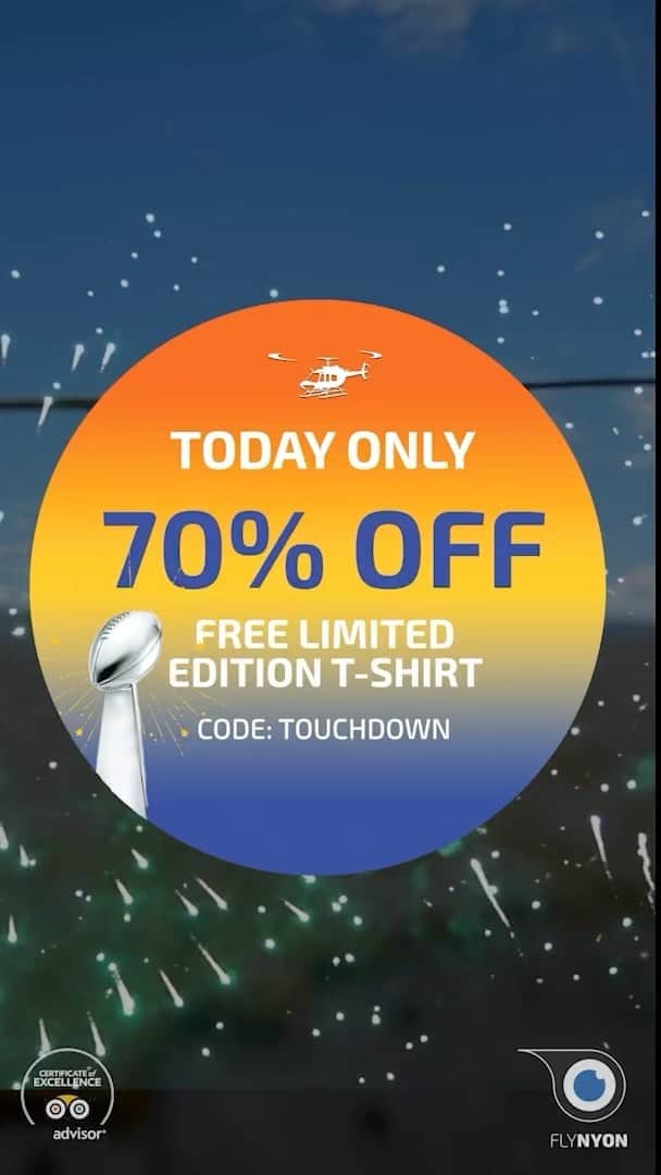 のインスタグラム：「🏈 It’s Super Bowl Sunday! 🏈  Save 70% On ALL Flights Today!  Buy Now! Schedule Later! We Fly All Year Long, And Our Vouchers Are Valid For 14 Months!  Use Code: TOUCHDOWN  Let Us Know Who Your Rooting For In Super Bowl LVI!   📆 Not sure when to fly? Buy NOW and schedule LATER! ✨ You have 14 months to redeem the credits OR give them as a gift! 📆  . #flynyon #nyonair #NYCgiveaway #giveaway #manhattan #newyorkcity #nyongivesback #nychelicopters #helicoptersNYC #helicopter #aviation #helicopters #avgeek #pilot #aviationphotography #helicopterpilot #aircraft #aviationlovers #NYON」